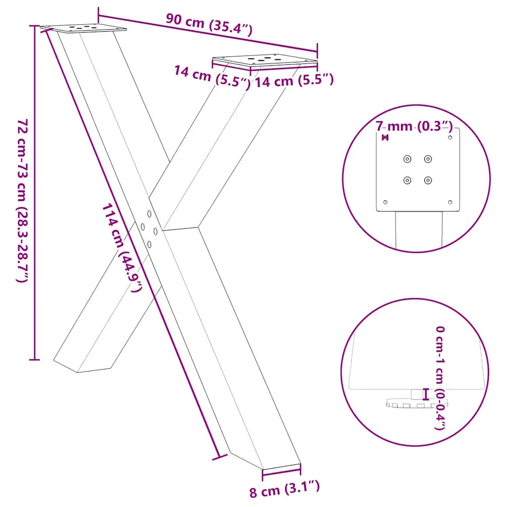 Gambe per tavolo da pranzo a forma di X 2 pz | Piede del tavolo nere 90x(72-73) cm in acciaio