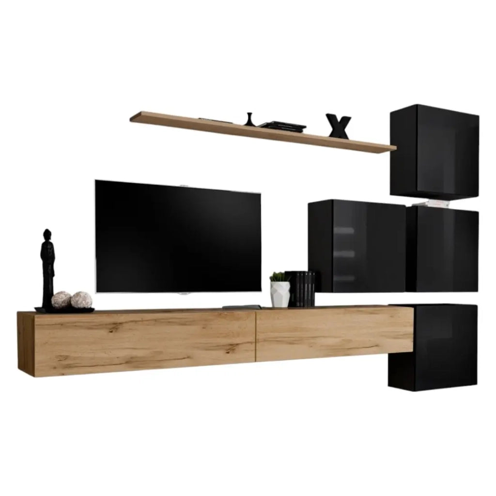 Mobile da salotto murale SWITCH IX design, colore quercia Wotan e nero lucido.