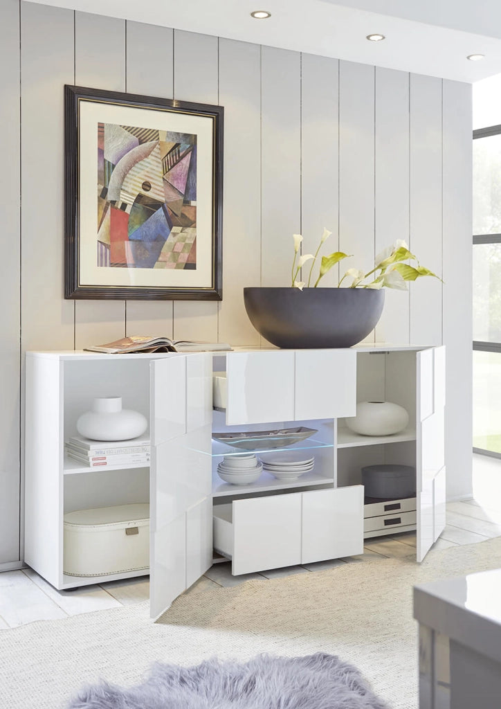 Credenza Mobile Soggiorno 2 Porte 2 Cassetti e Vetrina Centrale in Melamina 181x42x84cm TFT Chequers Bianco