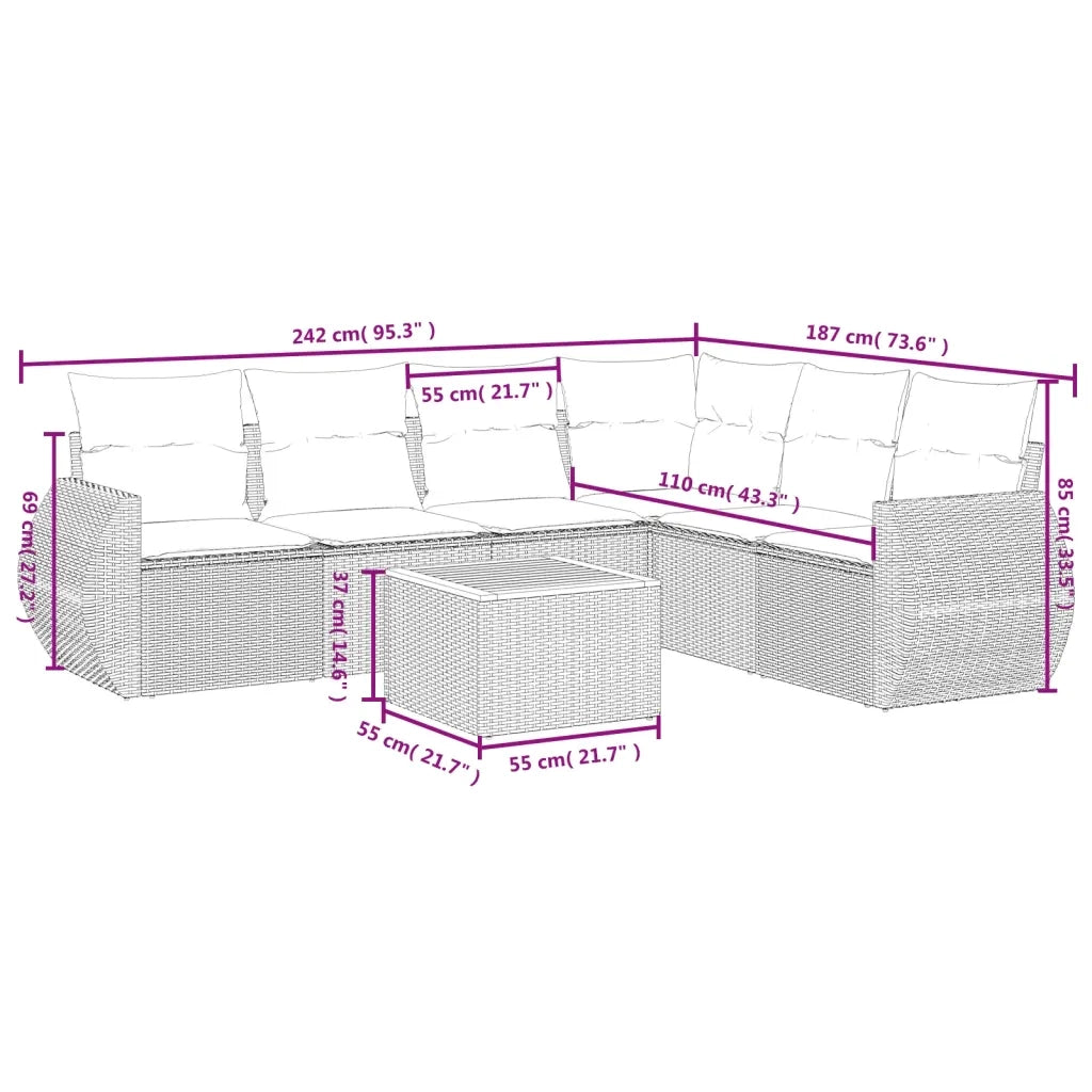 Set Divani da Giardino con Cuscini 7pz Nero Polyrattan