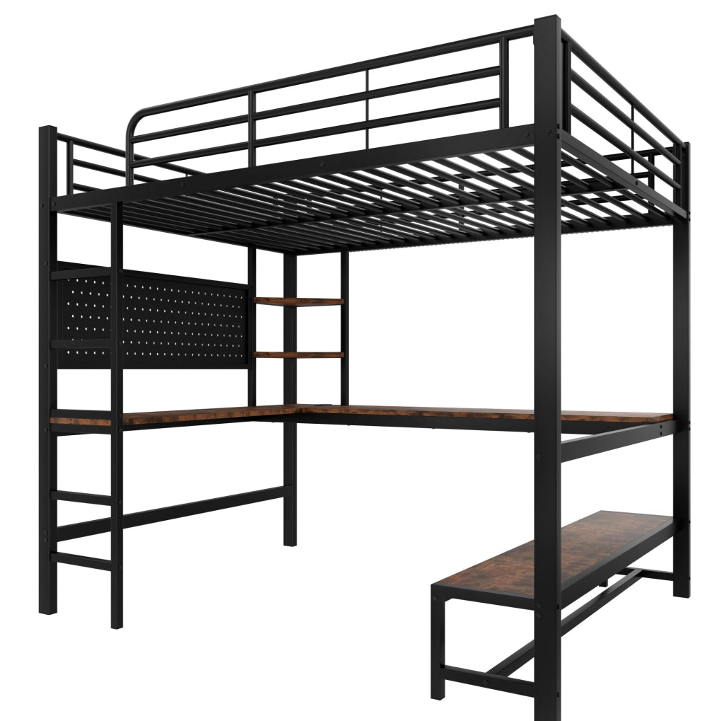 Letto a soppalco 140x200 cm in metallo con scrivania; LED; USB Type-C e ripiani; nero