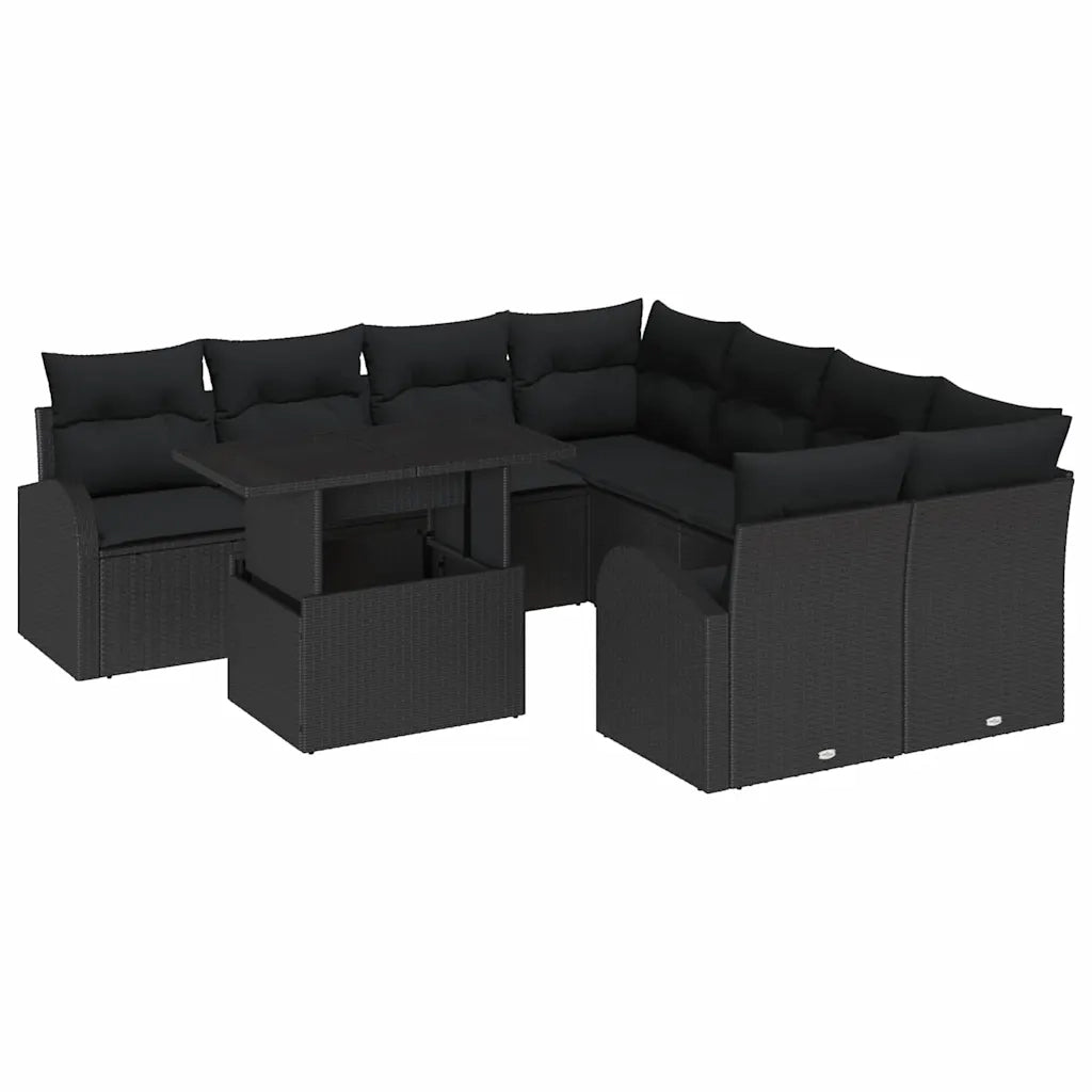 Set Divano da Giardino con archiviazione 9 pcs Nero polyrattan