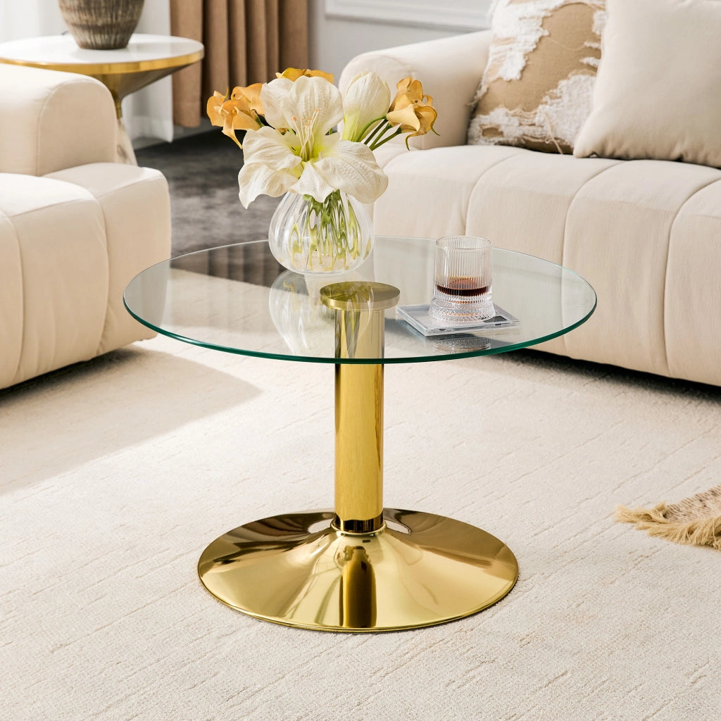 TAVOLO Basso Rotondo in Vetro 70 cm Oro
