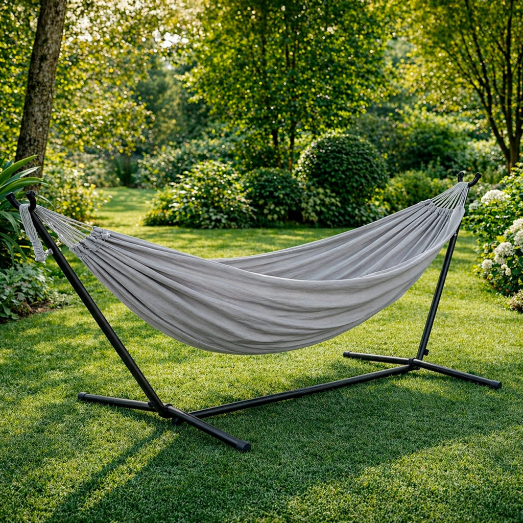 Amaca Da Giardino Con Supporto In Acciaio Portata 200 Kg Altezza Regolabile Telo Cotone Resistente Amaca Brasiliana Esterno Terrazzo Piscina Balcone Con Borsa 265 x 110 x 100 Cm Grigio