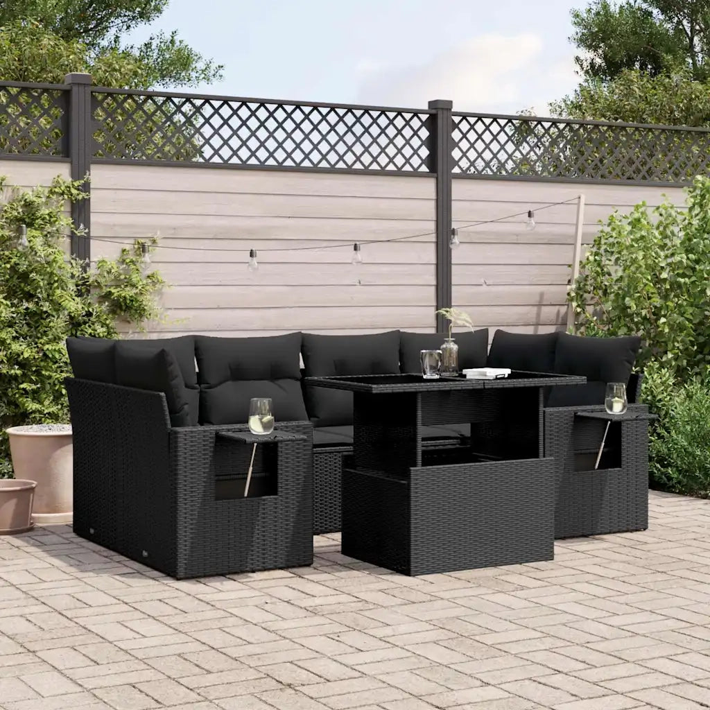 Set Divani da Giardino con Cuscini 7pz Nero Polyrattan