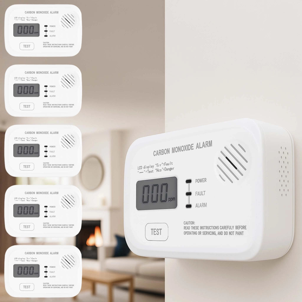 Set 5x Rilevatore monossido di carbonio con display 120 x 74 x 31 mm, allarme CO con batterie sostituibili incluse