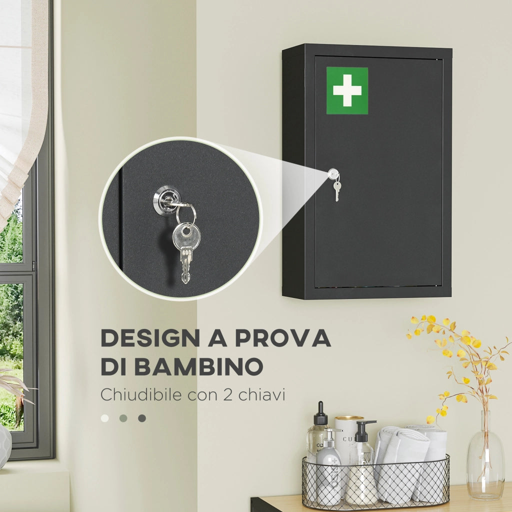 Armadietto Medicinali con 3 Mensole e Blocco con Chiavi in Acciaio. 30x14x46cm. Nero