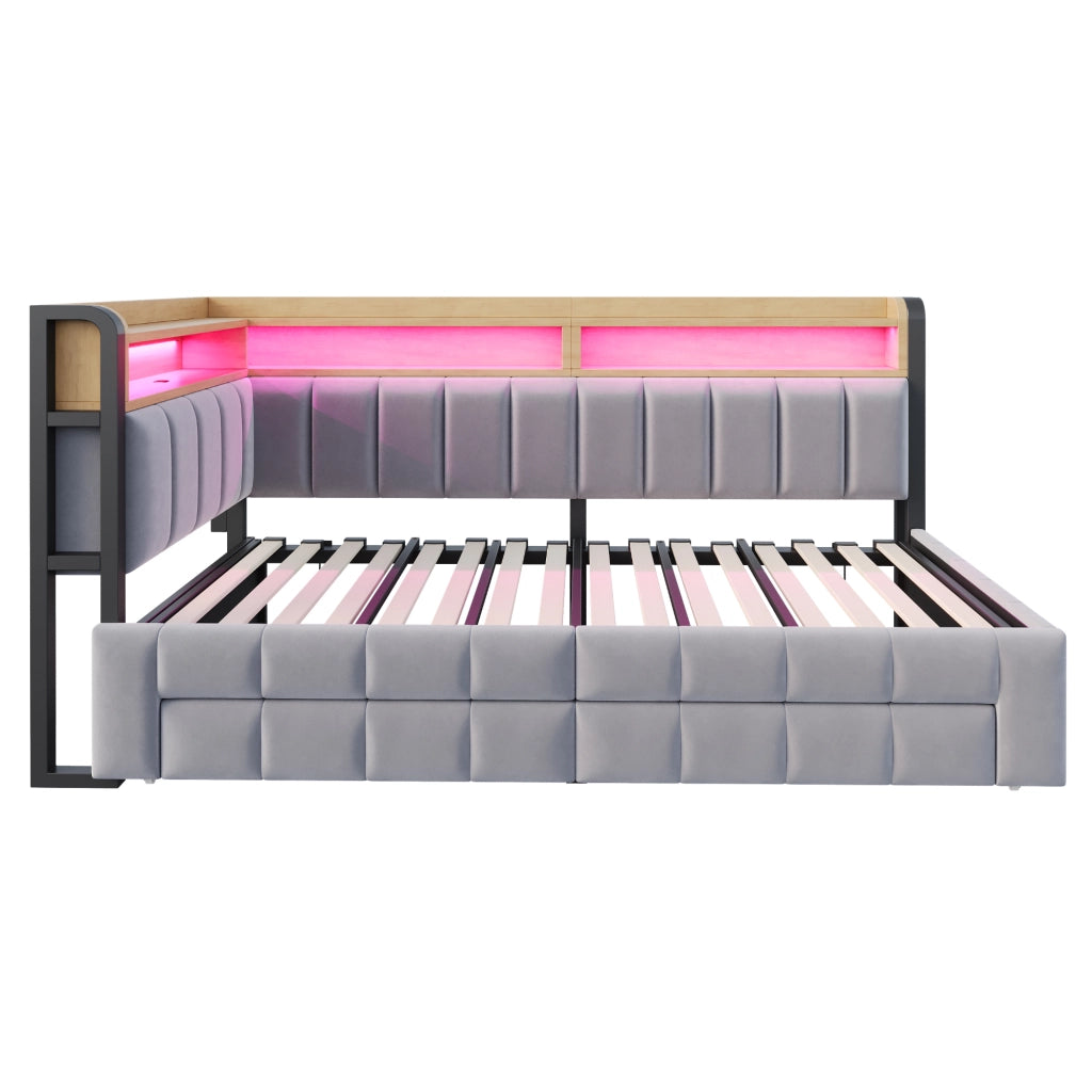 Letto Divano singolo con 2 cassetti; ripiani; LED regolabile; USB e Type-C; 90 × 200 cm; senza materasso