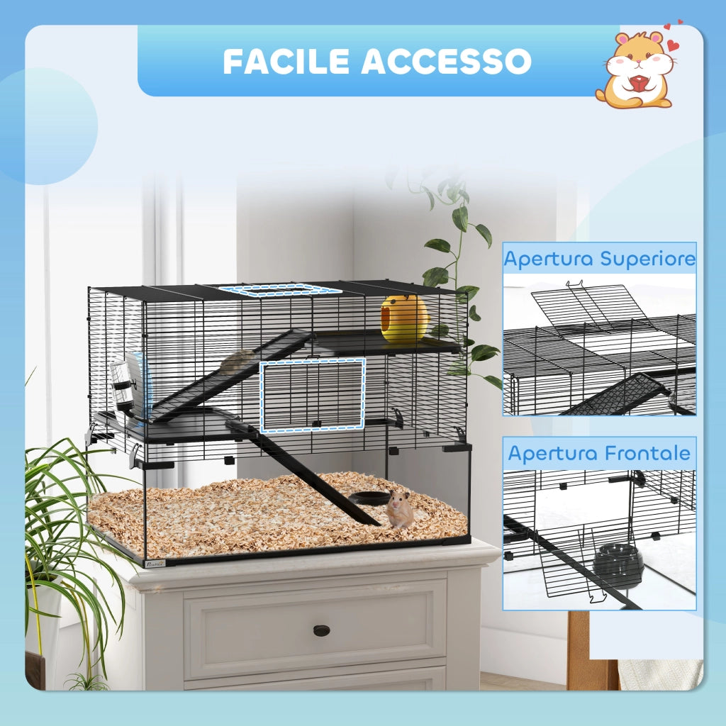 Gabbia per Criceti a 3 Livelli con Ruota e Accessori ¨C Minimal ¨C Nero 76.5x48.5x54.5 cm