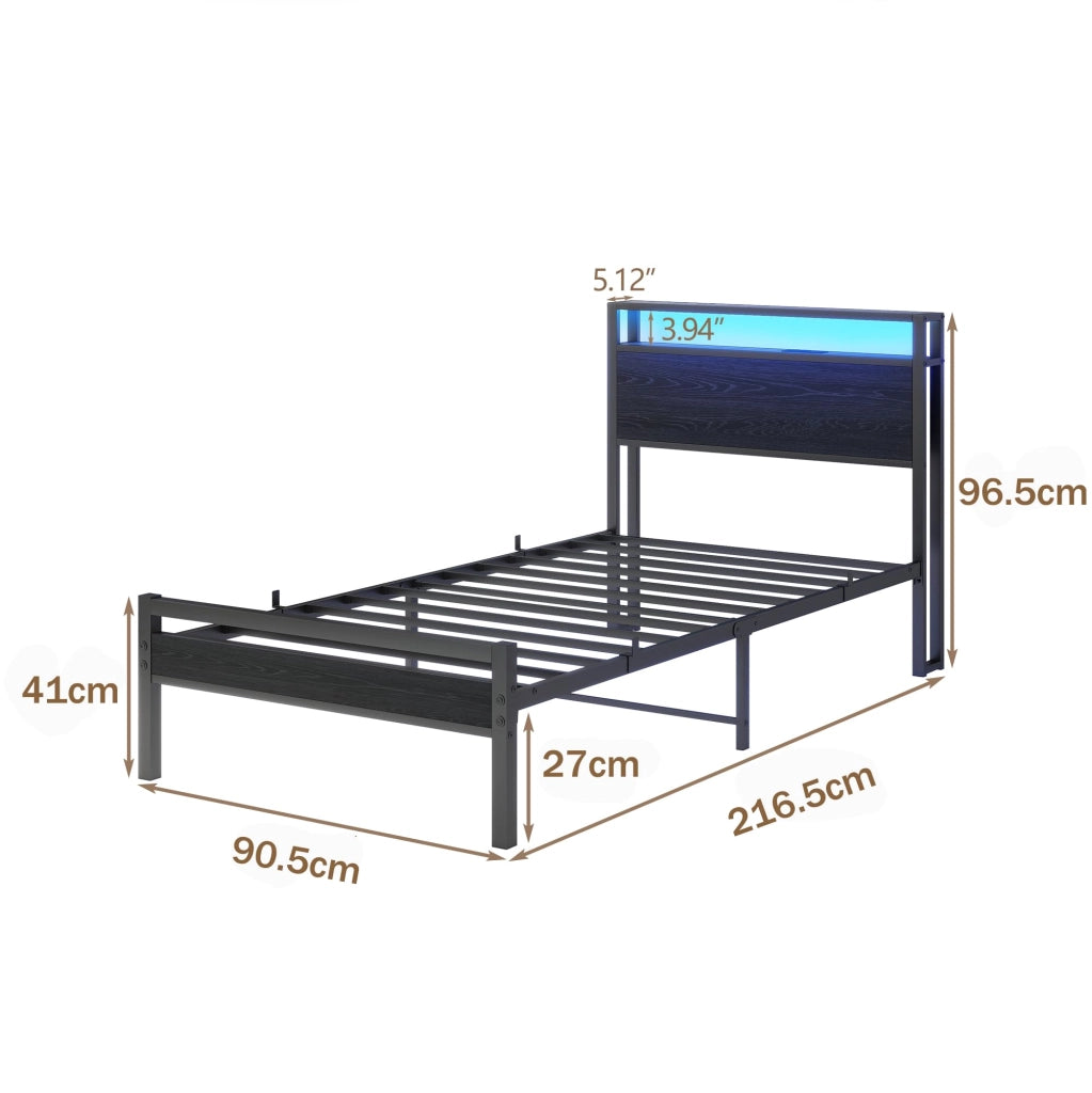 LETTO 90x200 cm con contenitore, metallo e MDF, nero, USB e LED