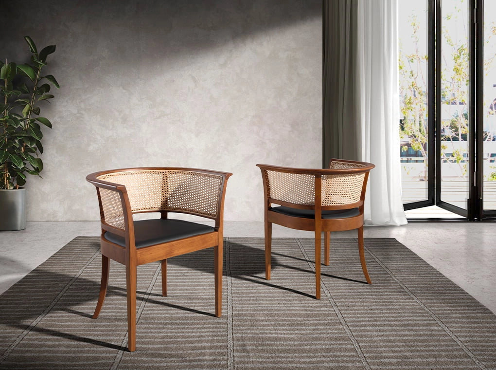 Sedia ecopelle rattan e legno di noce