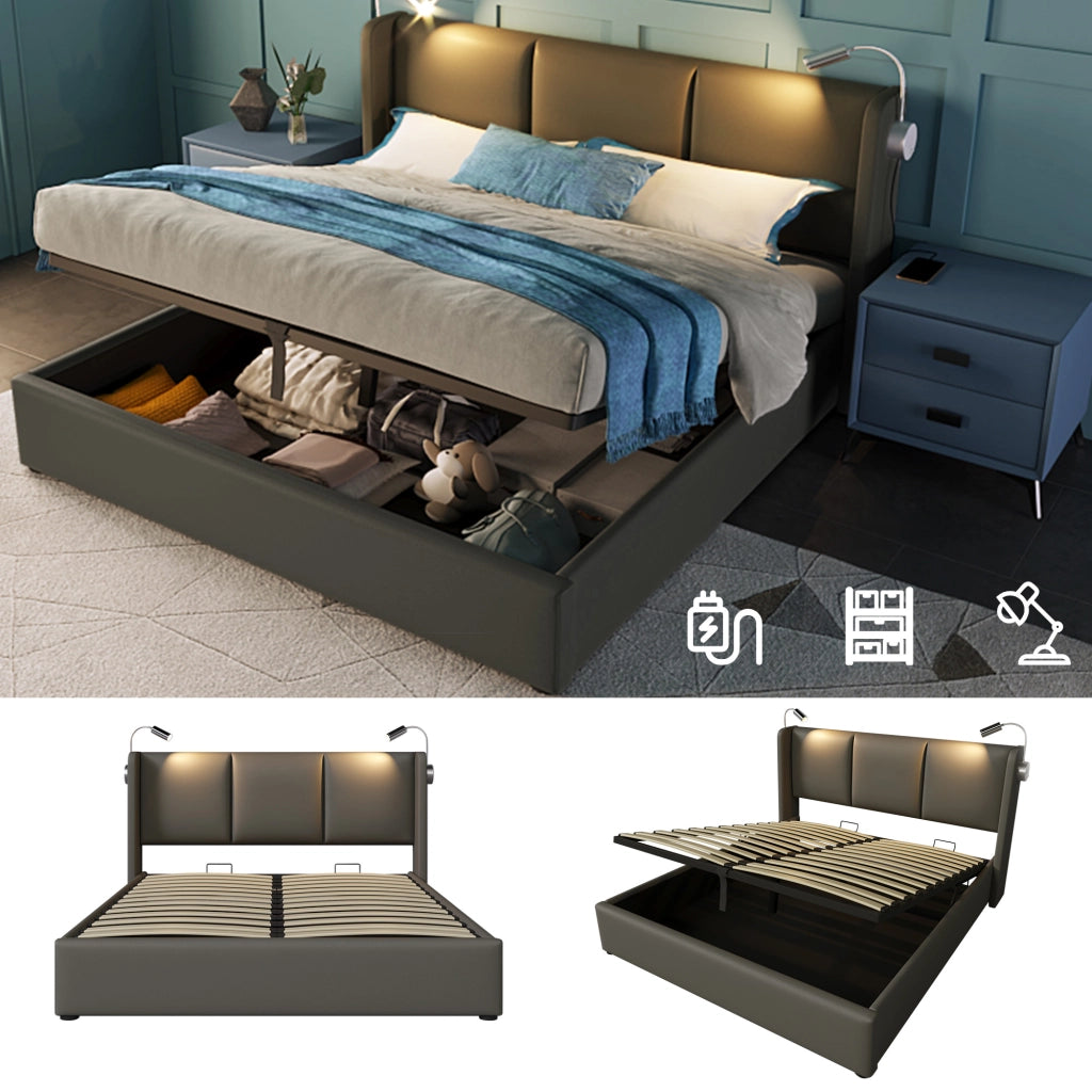 LETTO imbottito 160x200 cm in PU grigio con rete e luce da lettura