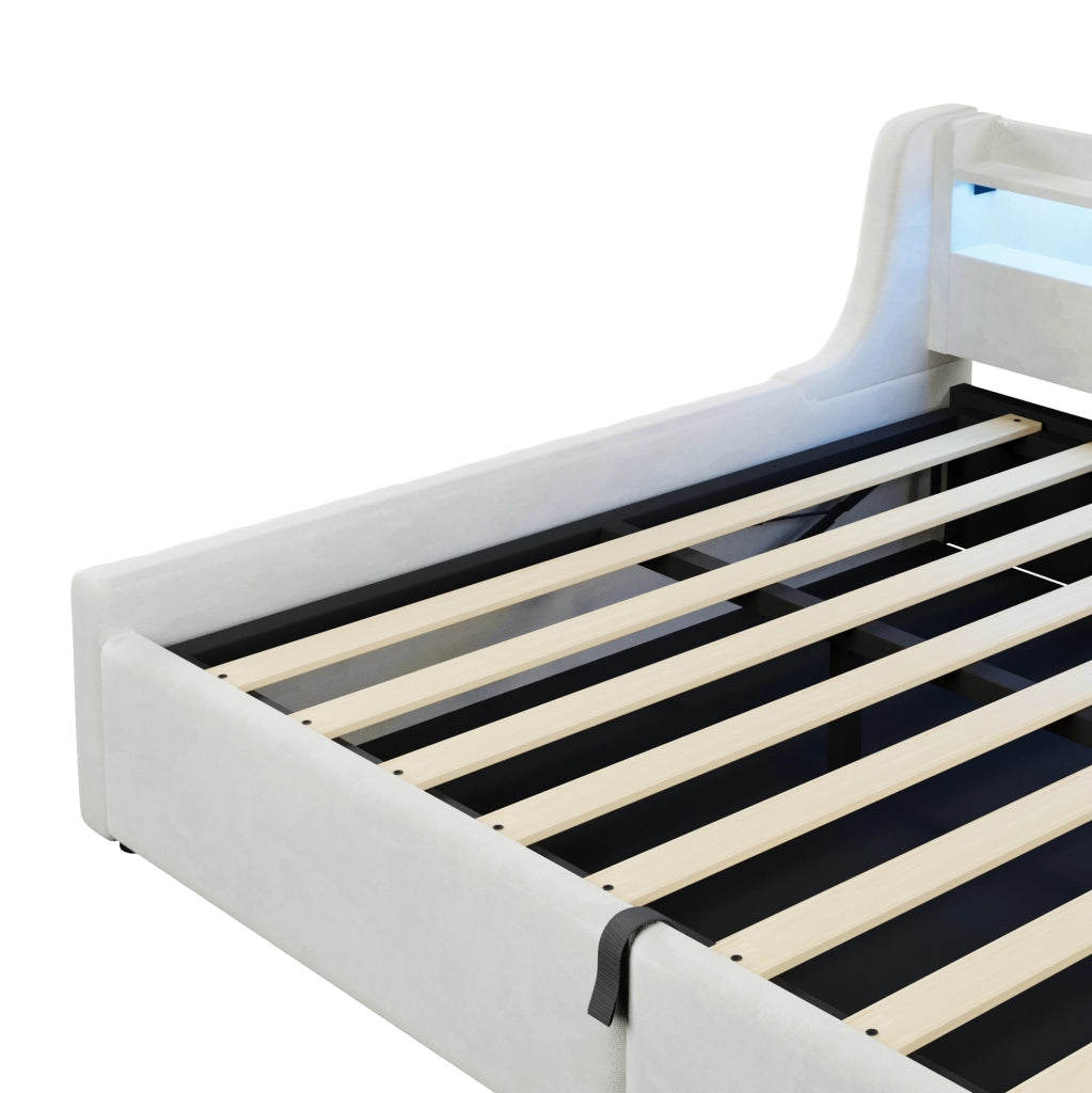 Letto imbottito 140x200 cm in flanella beige; con contenitore e testiera LED