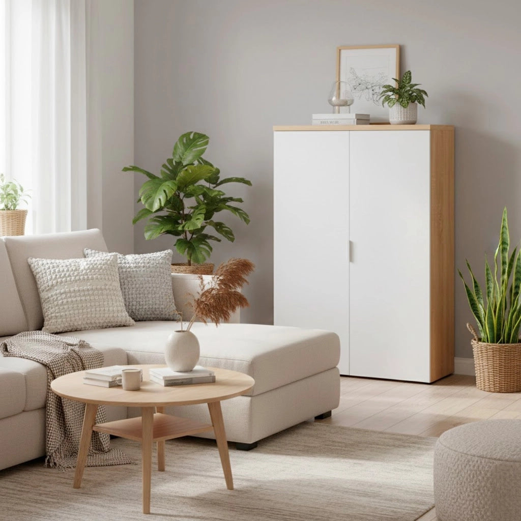 Armadio Armadietto Multiuso A Due Ante Con Ripiani Regolabili Mobile Salvaspazio In Melaminico Per Casa Ufficio E Lavanderia Ingresso 80 X 119 X 33 Cm Bianco Opaco E Rovere