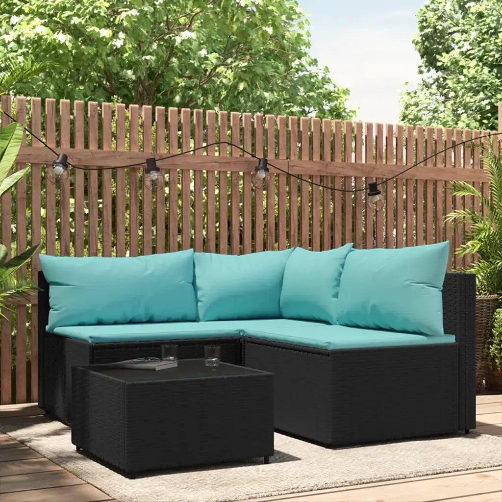 Set Divani da Giardino 4 pz | Set Salotto da Giardino con Cuscini Nero in Polyrattan