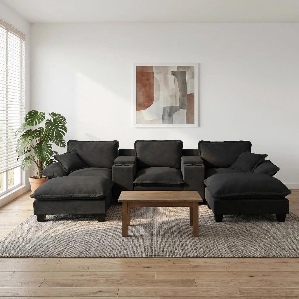 Divano Angolare Modulare U ¨C Xylo ¨C Nero, Chenille, con Ottomane, Portabicchieri e USB