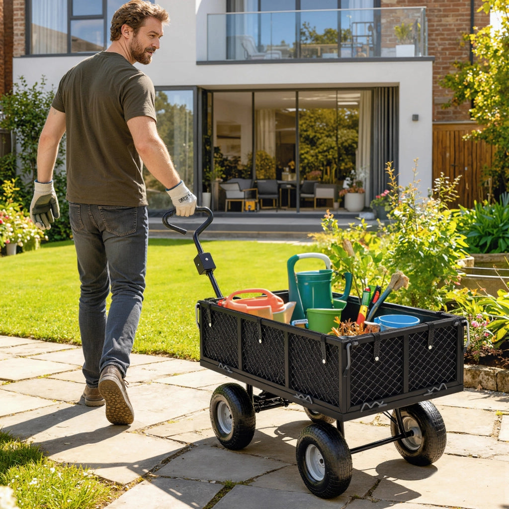 Carrello da giardino ribaltabile 300kg ¨C Xylo ¨C con telo rimovibile e maniglia rotante 180¡ã, nero