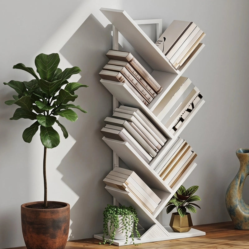 Libreria, scaffale autoportante con 7 ripiani, stretto, a forma di albero, per ufficio, bianco rustico
