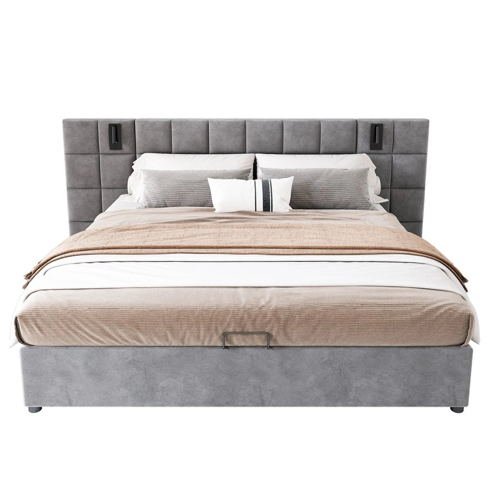 Letto Contenitore Imbottito con LED e USB ¨C Xylo ¨C Velluto Grigio 180x200