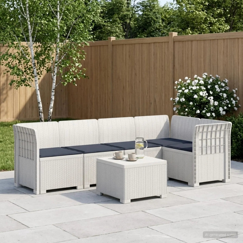 Divano da Giardino 5 Posti con Cuscini Stile Rattan PP Bianco 3444081