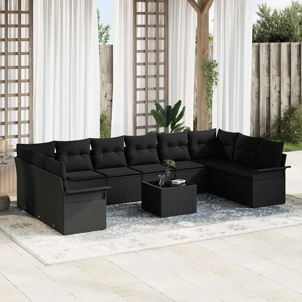 Set Divano da Giardino con cuscino 11 pcs Nero Poly Rattan 3345553