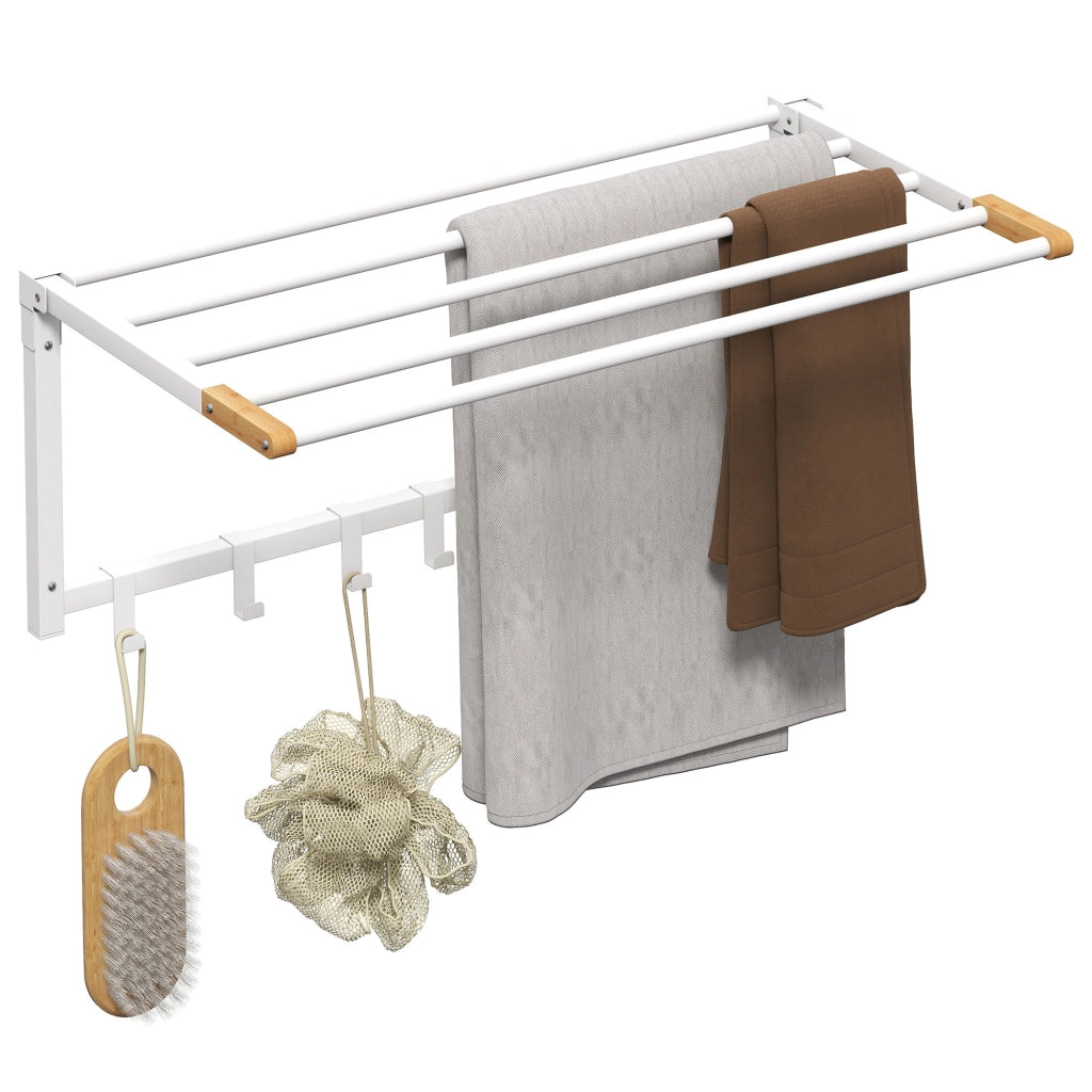 Portasciugamani a Parete Pieghevole ¨C Xylo ¨C Legno e Acciaio, 5 Barre, 6 Ganci, 60x32.5x20 cm, Bianco