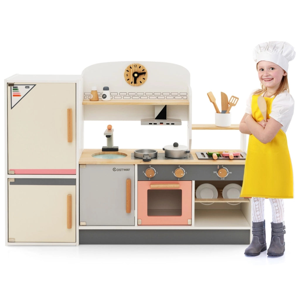 Cucina giocattolo per bambini 3 anni+ con frigorifero, Set da cucina in legno con lavandino e utensili da cucina