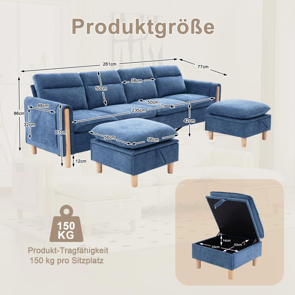 Divano modulare a U per 4 posti con 2 pouf contenitore; in chenille blu; 261 cm