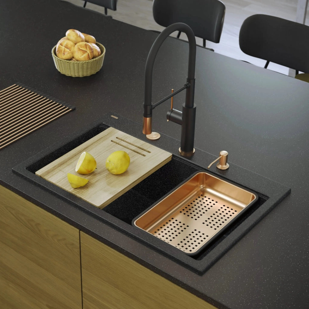 Lavello In Granito Marc 110 Workstation Black Metallic Tappo rame spazzolato