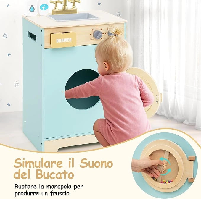 Set di Gioco Lavatrice per Bambini, Giocattolo Lavatrice con Detersivo e Igienizzante per le Mani, Set in Legno con Lavabo, Cassetto e Ruota Rotante, Regalo per Bambini dai 3+ Anni