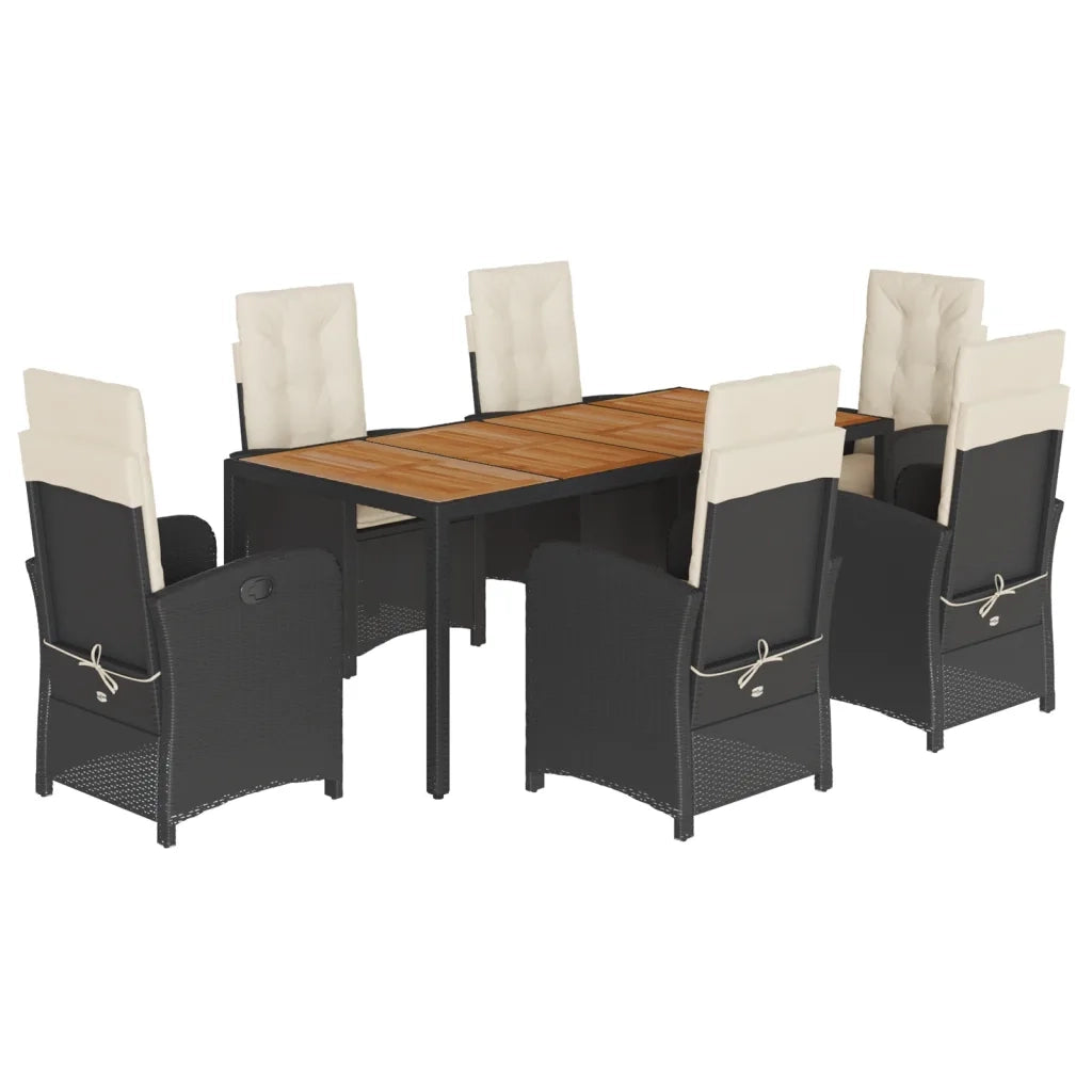 Set da Pranzo da Giardino 7 pz Nero con Cuscini in Polyrattan