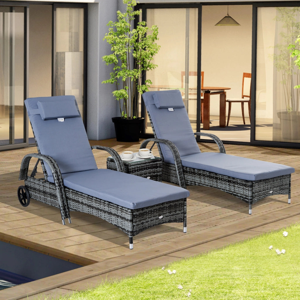 Set 3 Pezzi Polyrattan con Tavolo e Lettini Sole ¨C Minimal ¨C Grigio