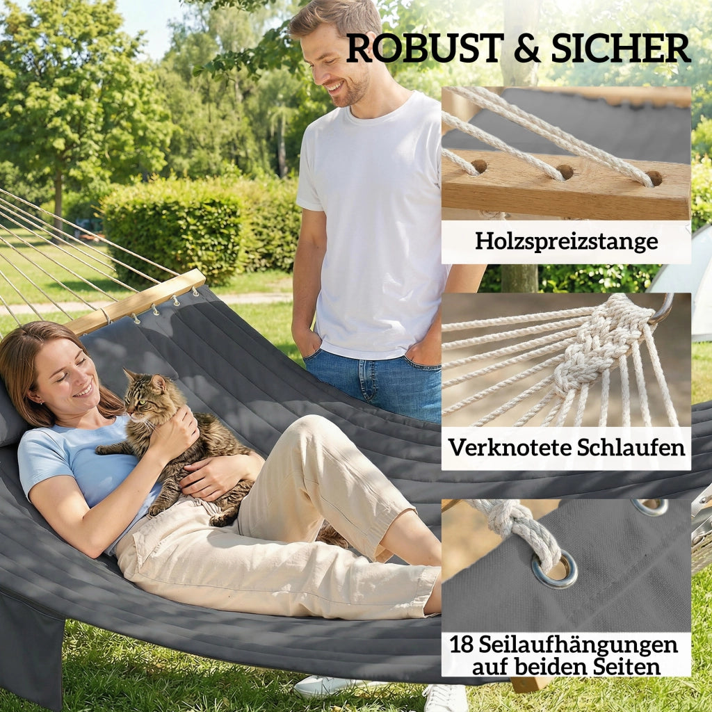 Amaca da giardino con cuscino testa e tasche ¨C Minimal ¨C 200x140 cm, legno, fino a 200 kg