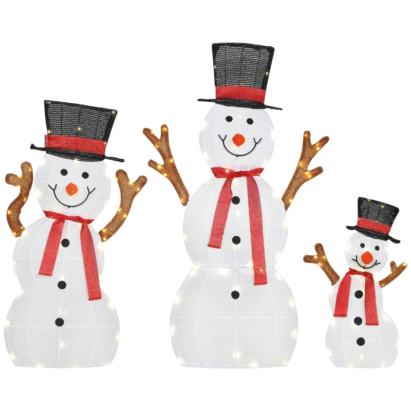 Famiglia di pupazzi di neve natalizi in 3 pezzi, decorazione per esterni, luci a LED, picchetti da terra, impermeabile, acciaio, poliestere, bianco