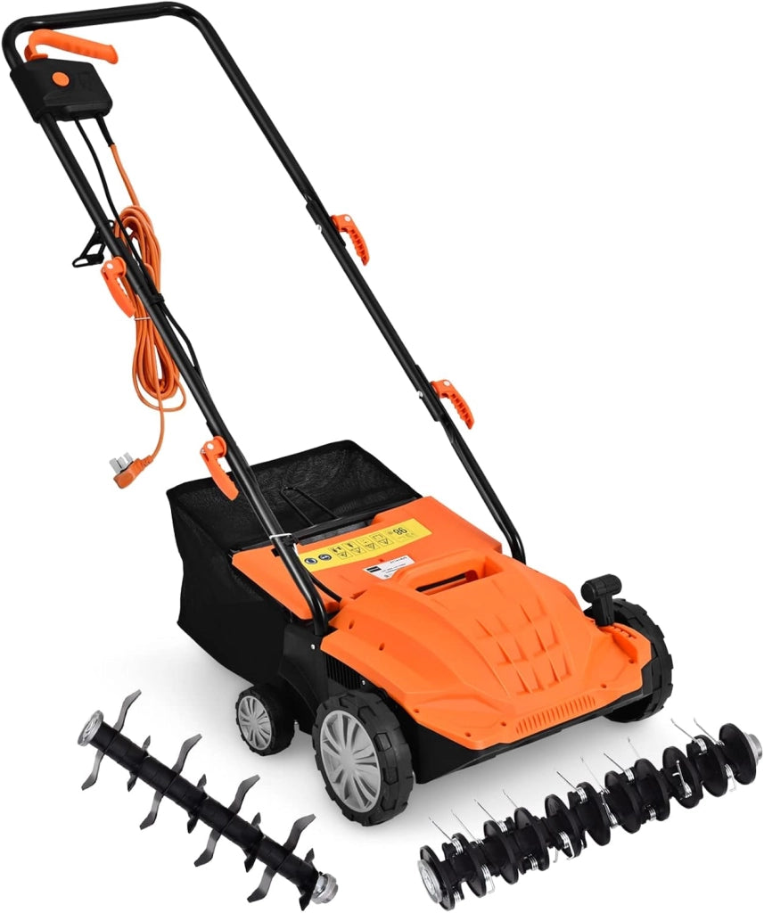 Scarificatore 2 In-1 per Prato, Arieggiatore Elettrico con Sacco Raccoglitore da 30L, Larghezza 32cm, con 3 Posizioni Regolabili, Scarificatore 1500W per Giardino Cortile (32 cm, Arancione)