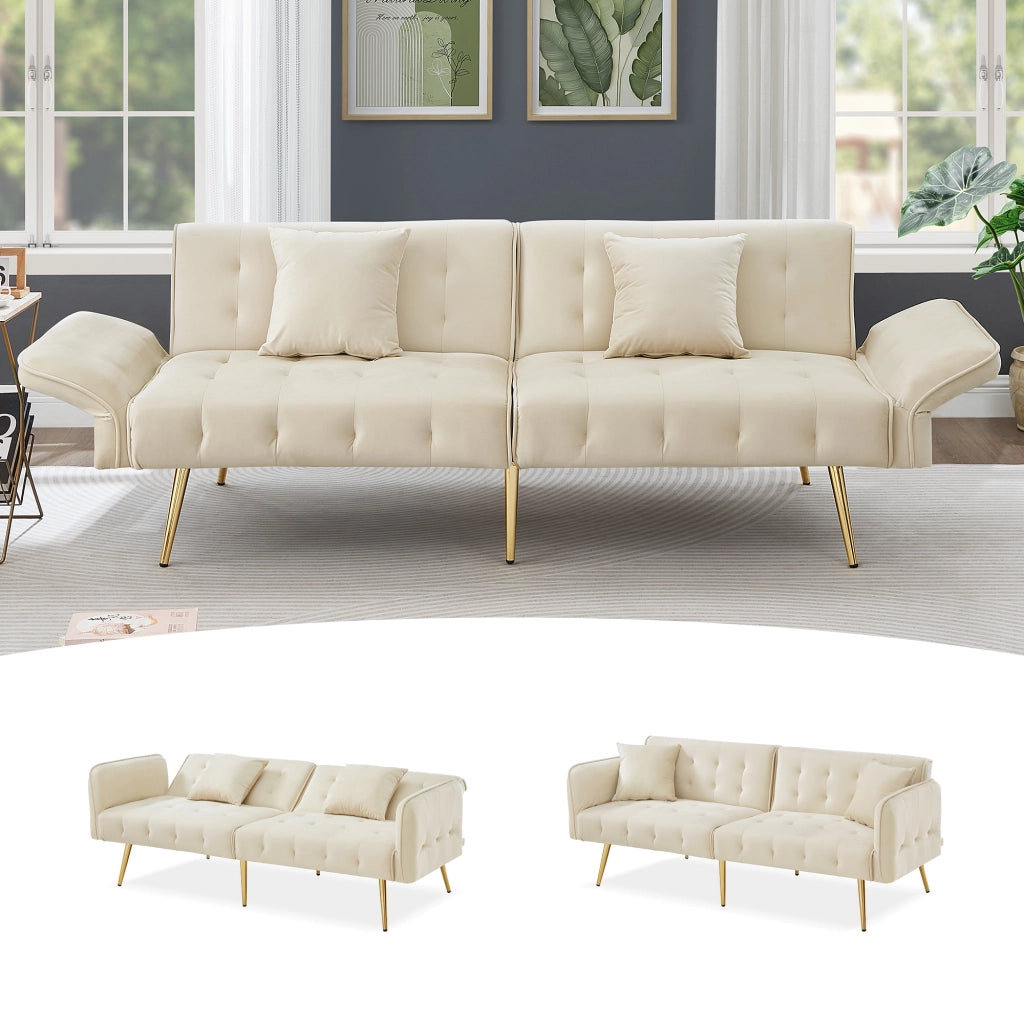 Divano Letto 2 Posti con Schienale Regolabile e Braccioli Multi-Posizione in Velluto Beige