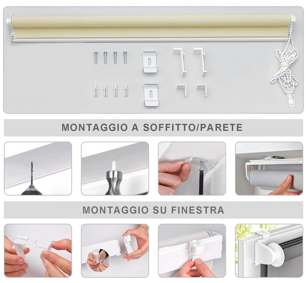 Tenda a Rullo 180x180 Cm Finestra Porta Interno Casa Ufficio Kit Montaggio Parete Telaio No Fori Grigio