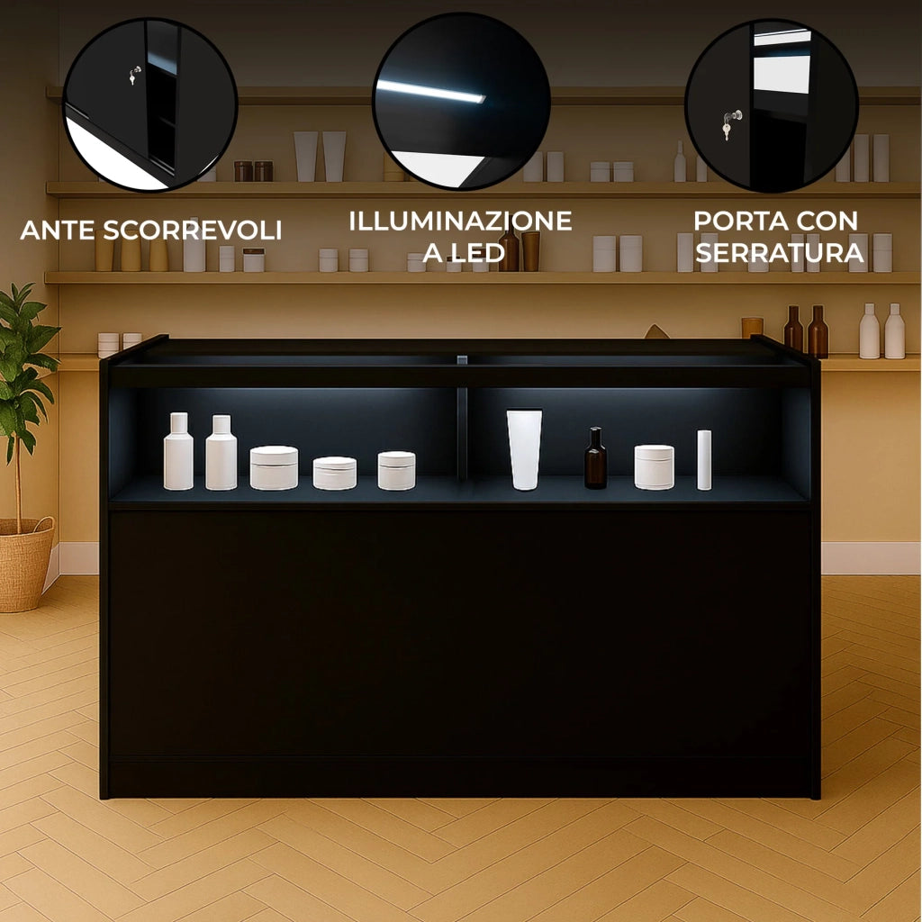 Bancone LED B1500 Nero con 1 Ripiano a Vista e 2 Ripiani Chiusi