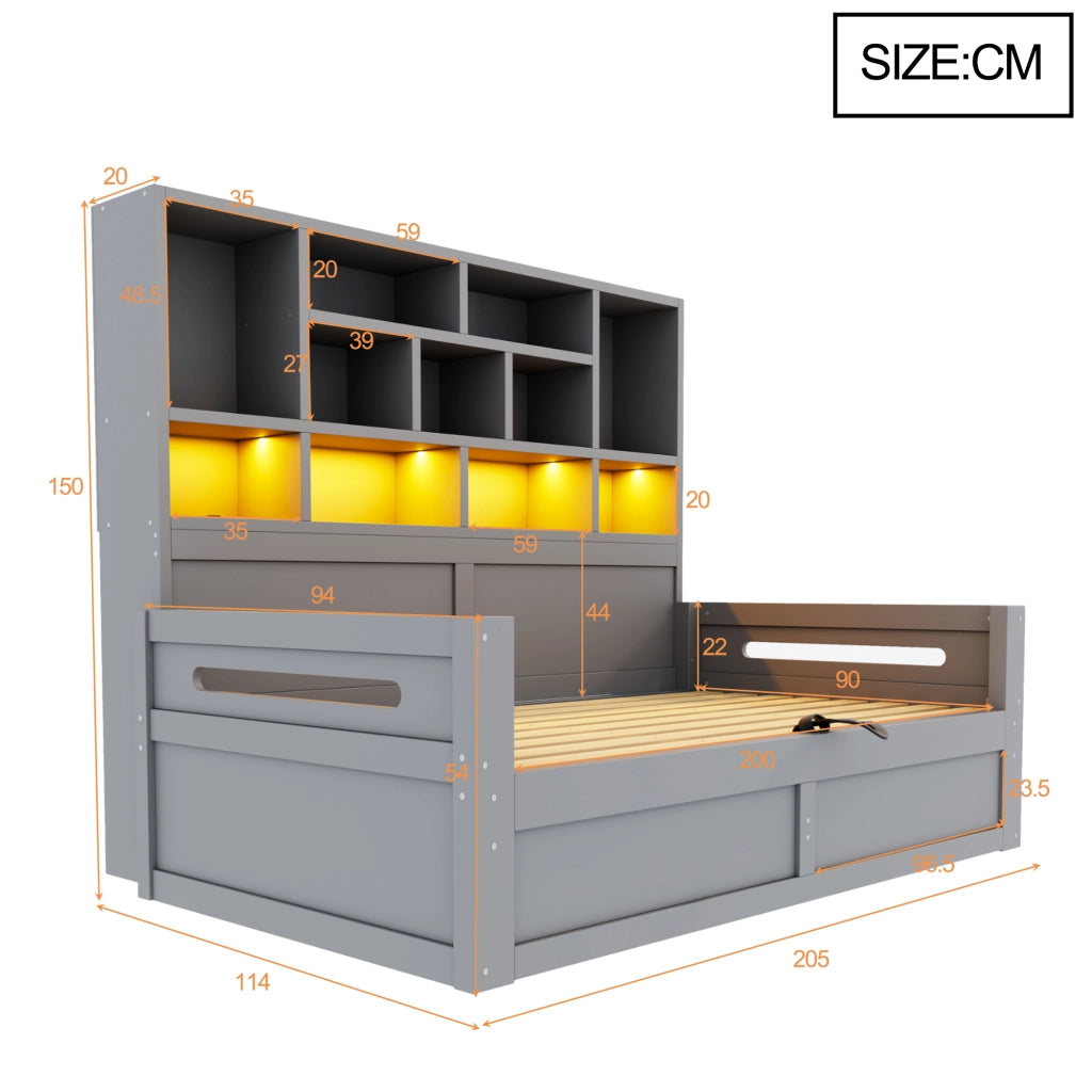 Letto contenitore 90x200 cm con sollevamento idraulico; LED; USB e ripiani portaoggetti; MDF grigio