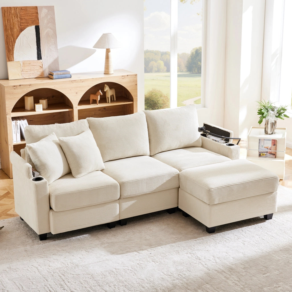 Divano Angolare 3 Posti con Poggiapiedi e Cuscini ¨C Xylo ¨C Beige