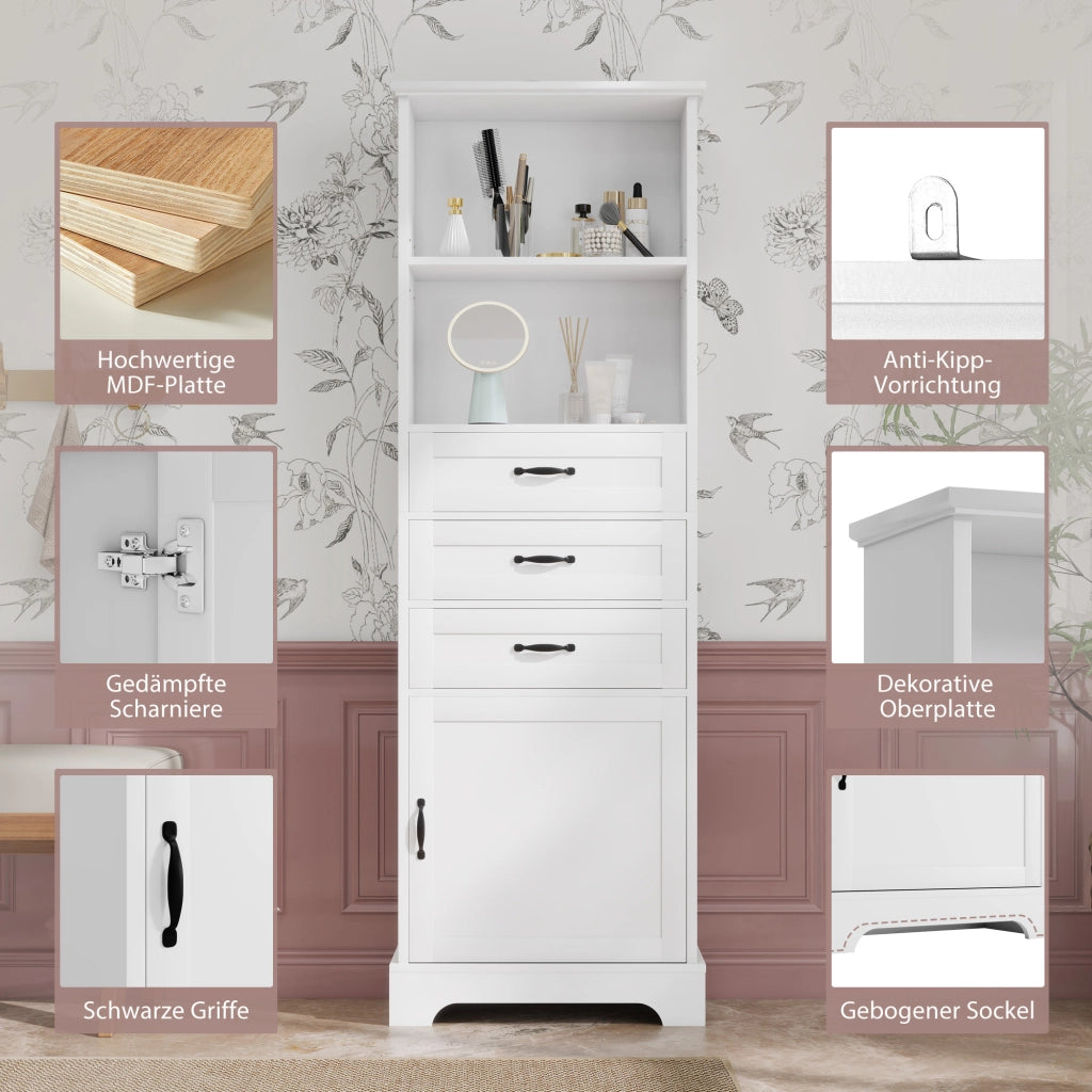 ARMADIO bagno 56 x 25,6 x 167 cm MDF bianco con 3 cassetti