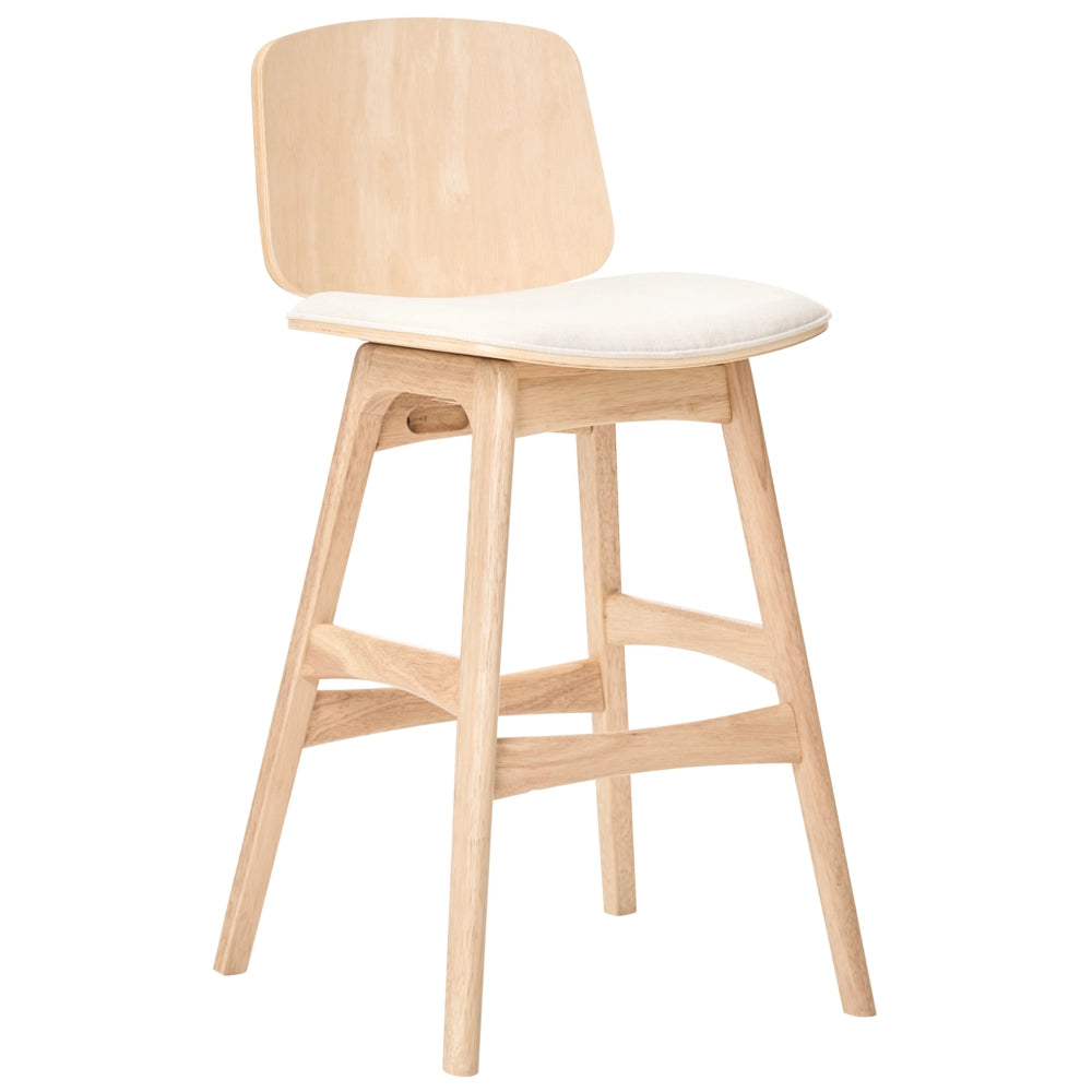 Set di 2 sgabelli da bar con struttura in legno e seduta in tessuto, senza braccioli, per zona pranzo, nei colori marrone chiaro e beige chiaro