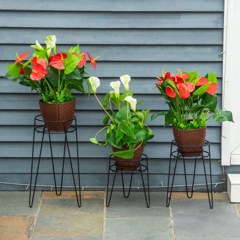 Set di 3 supporti per piante in metallo, adatti a vasi fino a ?16 cm, eleganti sgabelli per fiori neri.