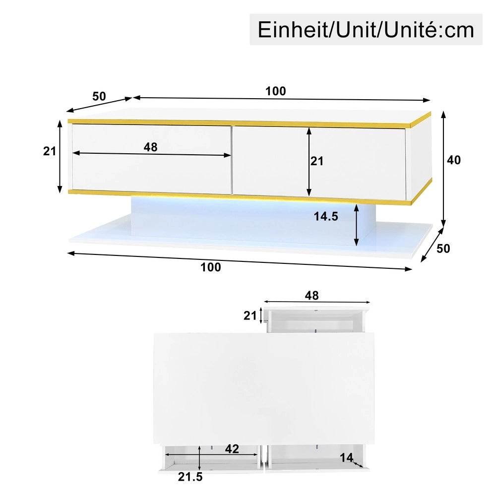Tavolino da Caff¨¨ LED con Cassetti ¨C MINIMAL ¨C Lucido Oro, USB, 100 cm