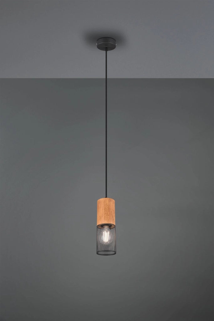 TOSH SOSPENSIONE CILINDRO GABBIA METALLO NERO OPACO E LEGNO D. 10CM 1 LUCE ATTACCO E27