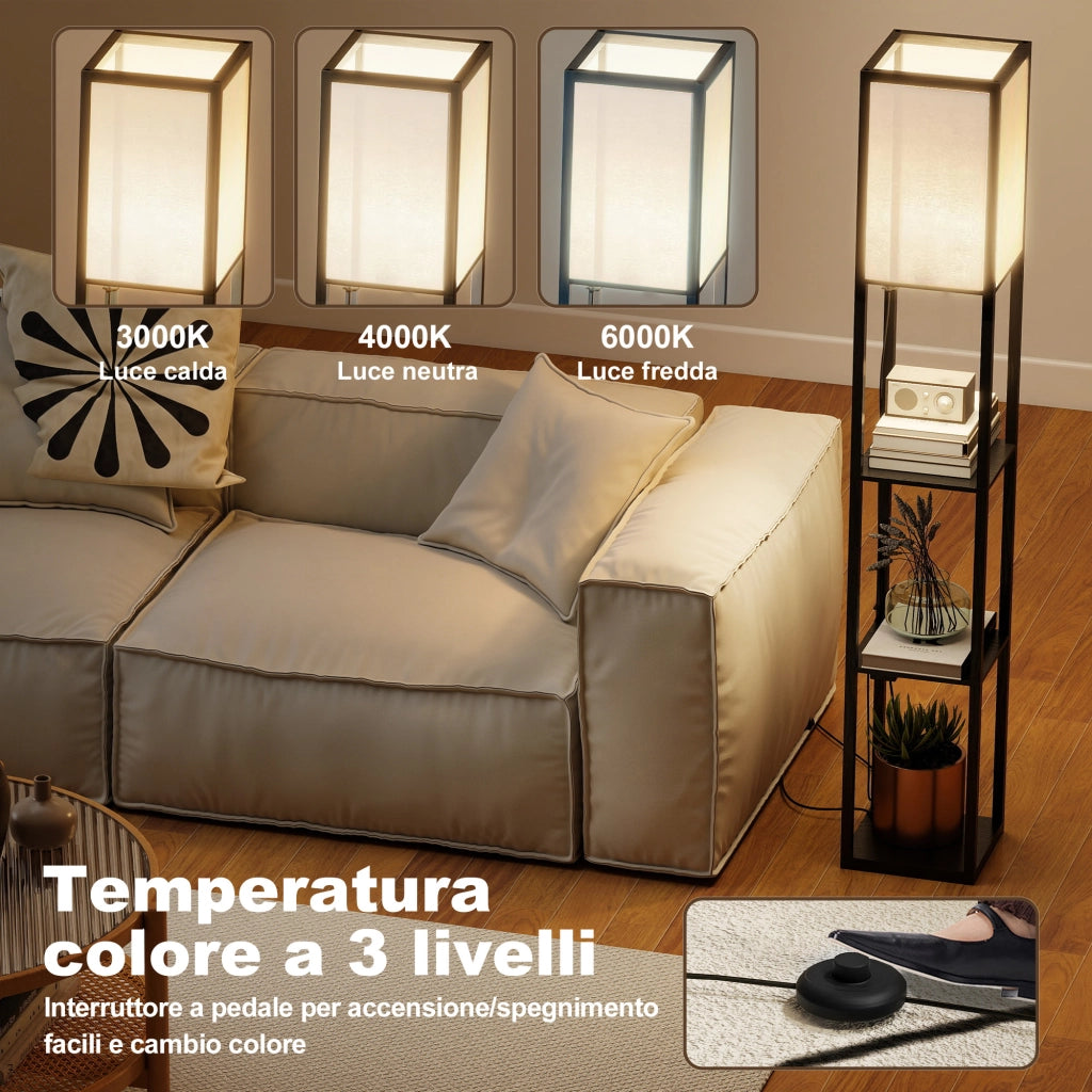 Lampada da Terra con Ripiani, Luce Regolabile, Interruttore a Pedale e Porte USB, Nero