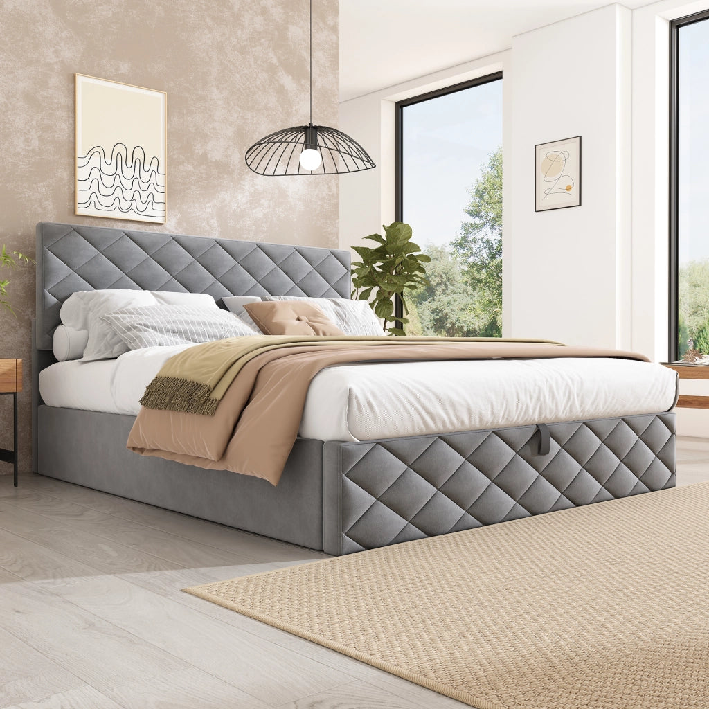 Letto Contenitore Imbottito con Rete a Doghe e Idraulico ¨C MINIMAL ¨C Grigio 140x200