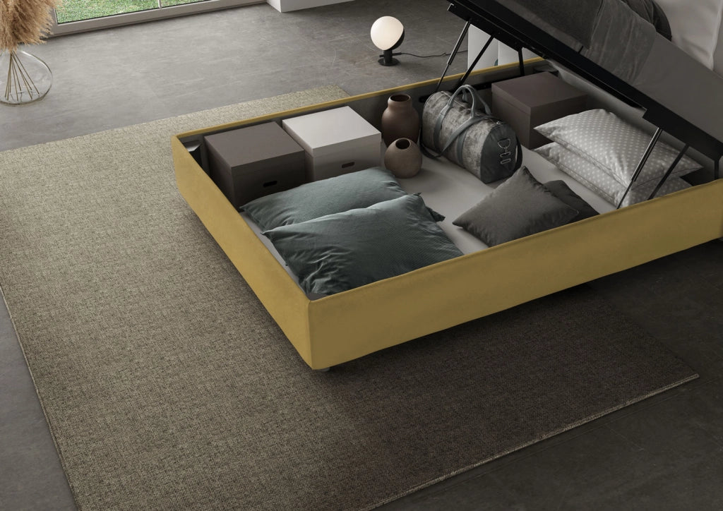 BS COM Letto matrimoniale francese contenitore imbottito 140x210 microfibra ocra