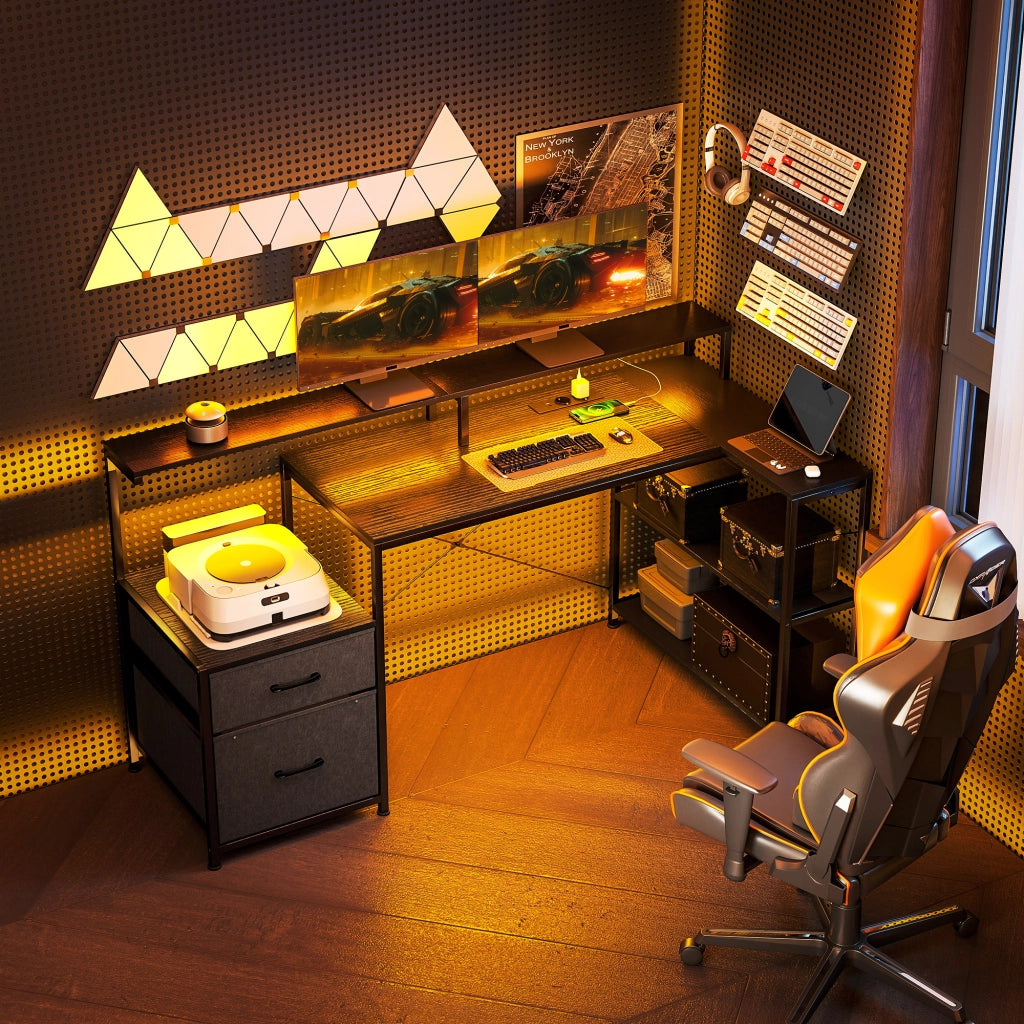 Scrivania Gaming Angolare con LED e Prese ¨C zephmum ¨C Nero 165x80x91,5 cm