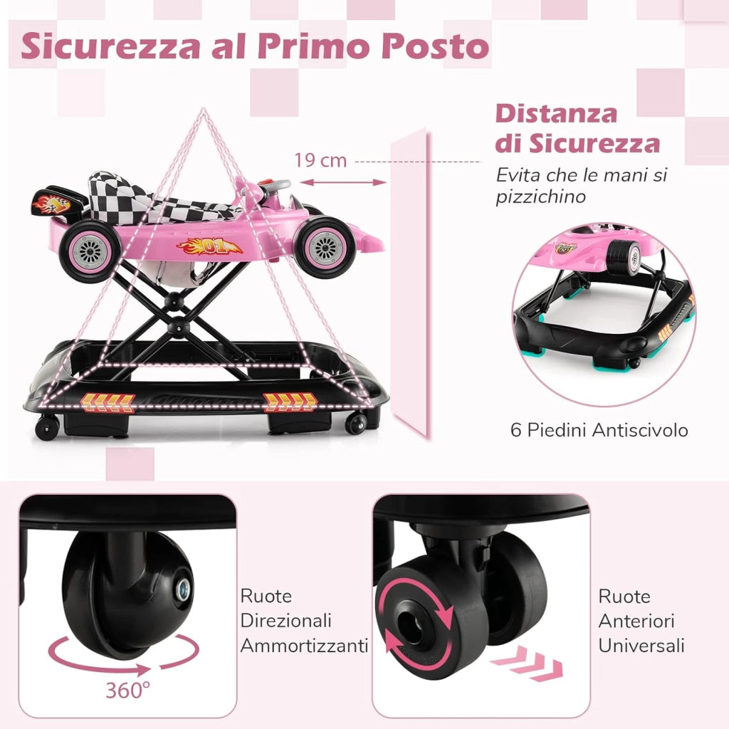 4 in 1 Girello per Bambini, Primi Bassi per Neonati con Altezza Regolabile, Girello Pieghevole con Vassoio Rimovibile, Musica e Luci, per Bambini 6+ Mesi (Rosa)